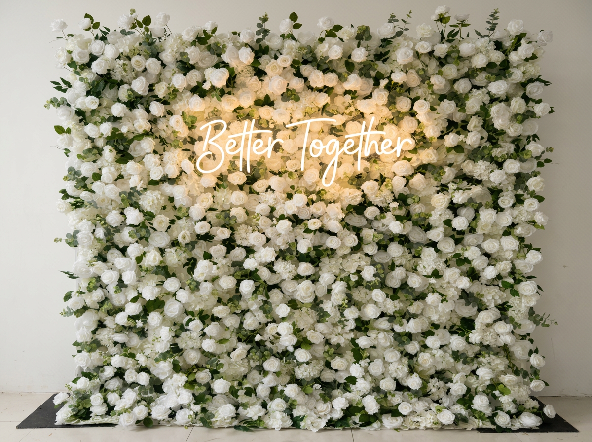 Better Together neon sign on ivory flower wall