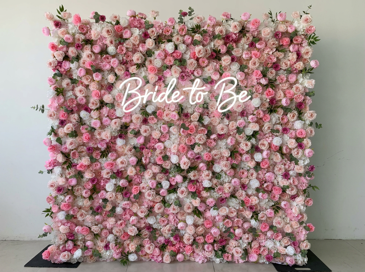 Bride to Be neon sign on flower wall