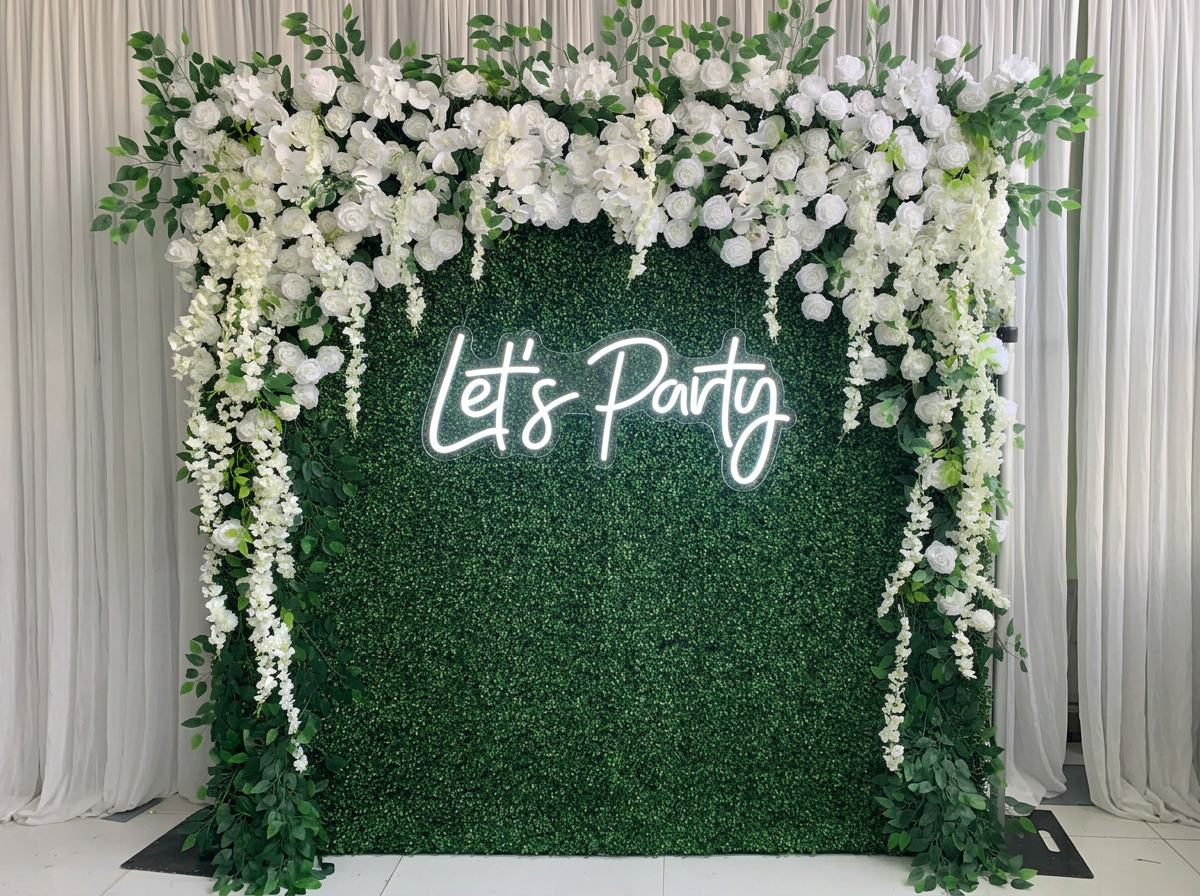 Let's Party neon sign on flower wall